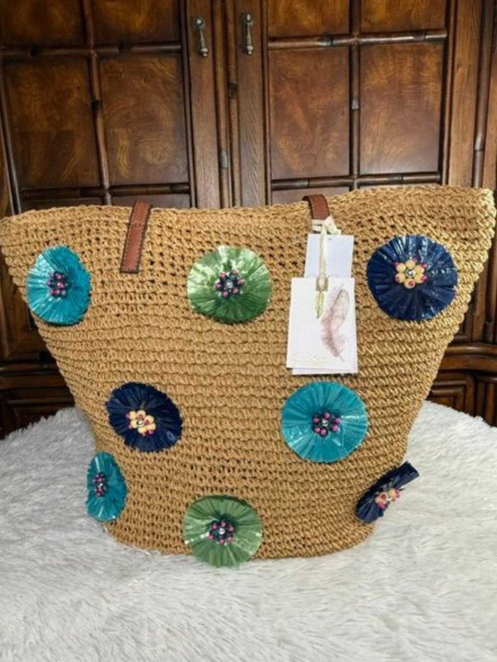 Jessica Simpson Raffia Straw 3D Beaded Floral Feather St. Pete Toast Blue Tote